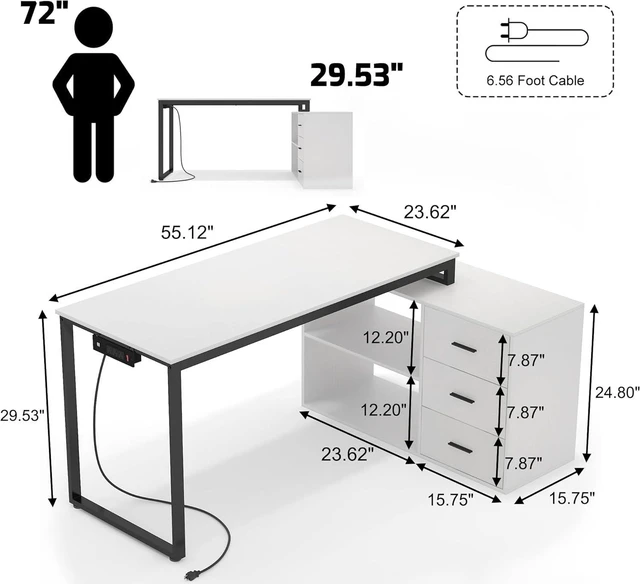 Alt view image 2 of 7 - Home Office Computer Desk with Power Outlet,55 Inch Large L Shaped Desk with Drawers and Shelves,White Business Furniture Desk Workstation for Home Office
