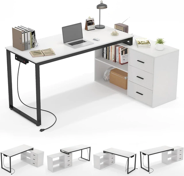 Alt view image 3 of 7 - Home Office Computer Desk with Power Outlet,55 Inch Large L Shaped Desk with Drawers and Shelves,White Business Furniture Desk Workstation for Home Office
