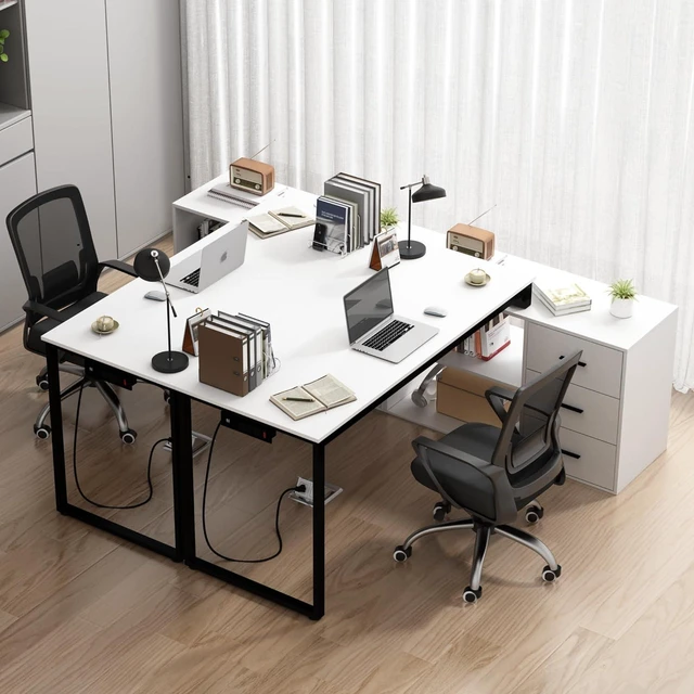 Alt view image 4 of 7 - Home Office Computer Desk with Power Outlet,55 Inch Large L Shaped Desk with Drawers and Shelves,White Business Furniture Desk Workstation for Home Office
