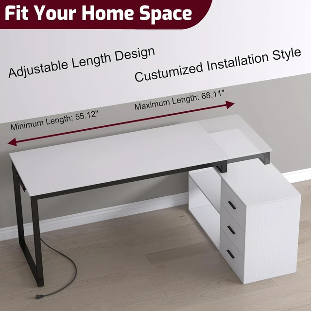 Alt view image 6 of 7 - Home Office Computer Desk with Power Outlet,55 Inch Large L Shaped Desk with Drawers and Shelves,White Business Furniture Desk Workstation for Home Office