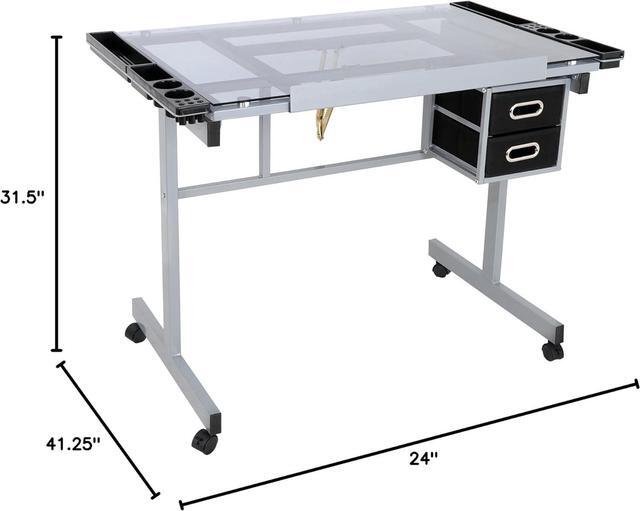 Alt view image 3 of 7 - ZenStyle Glass Top Drafting Table with Storage, Adjustable Multifunctional Drafting Drawing Table Desk Tempered Glass Top Art Craft w/Drawers, Castors