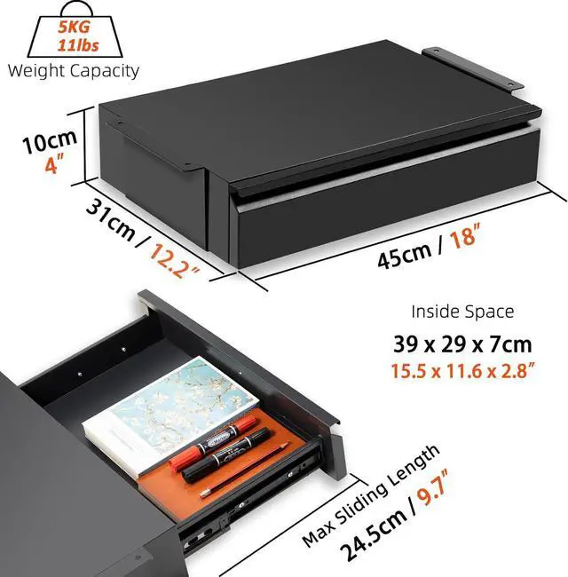 Alt view image 2 of 7 - 1 Pack Under Desk Drawer 18", Pull-out Storage Organizer with Large Slide Extension Mounted Under Flat Wooden Table or Workbench, Black_Normal Version