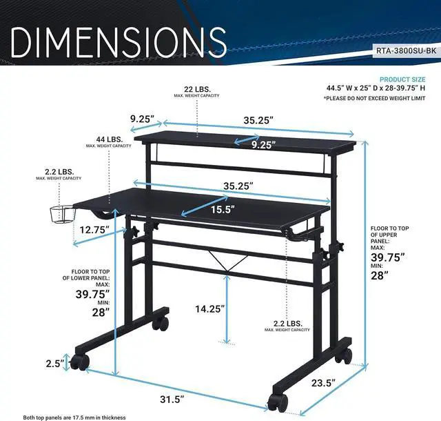 Alt view image 3 of 7 - Techni Mobili Rolling Writing Desk with Height Adjustable Desktop and Moveable Shelf