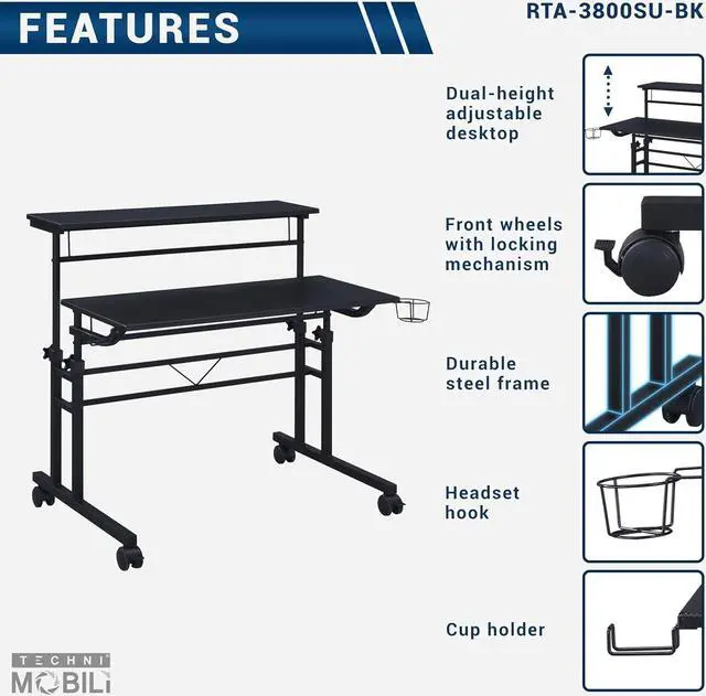 Alt view image 4 of 7 - Techni Mobili Rolling Writing Desk with Height Adjustable Desktop and Moveable Shelf