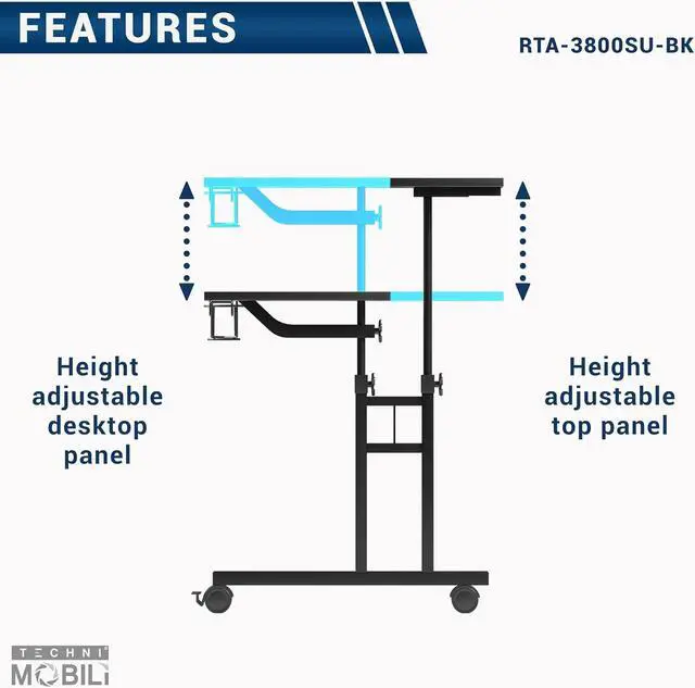 Alt view image 5 of 7 - Techni Mobili Rolling Writing Desk with Height Adjustable Desktop and Moveable Shelf