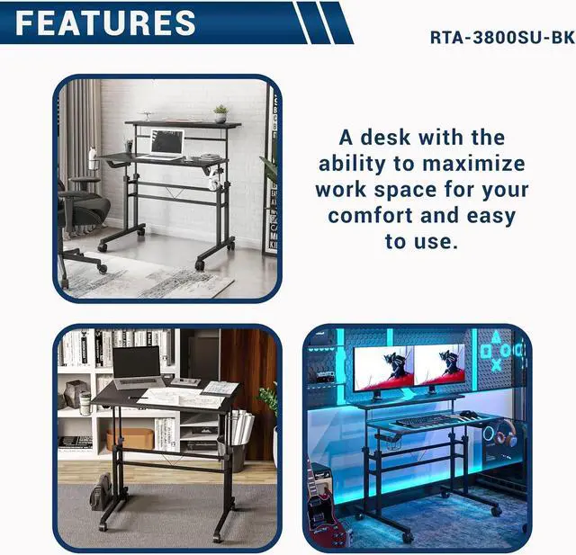 Alt view image 6 of 7 - Techni Mobili Rolling Writing Desk with Height Adjustable Desktop and Moveable Shelf