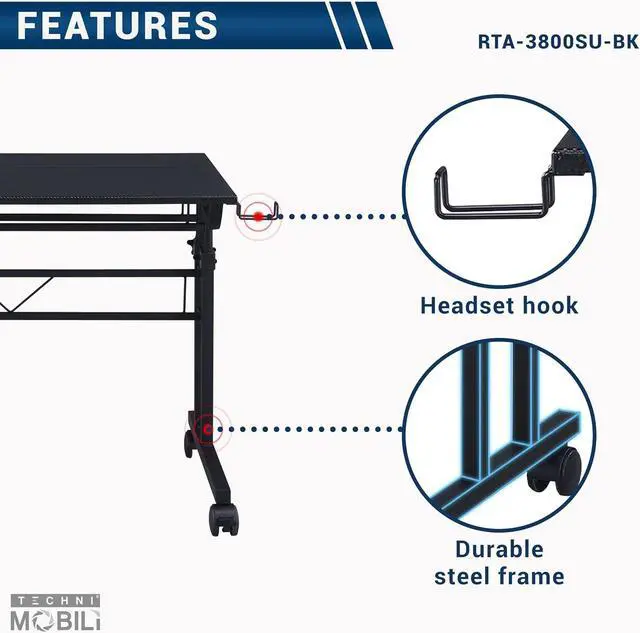 Alt view image 7 of 7 - Techni Mobili Rolling Writing Desk with Height Adjustable Desktop and Moveable Shelf