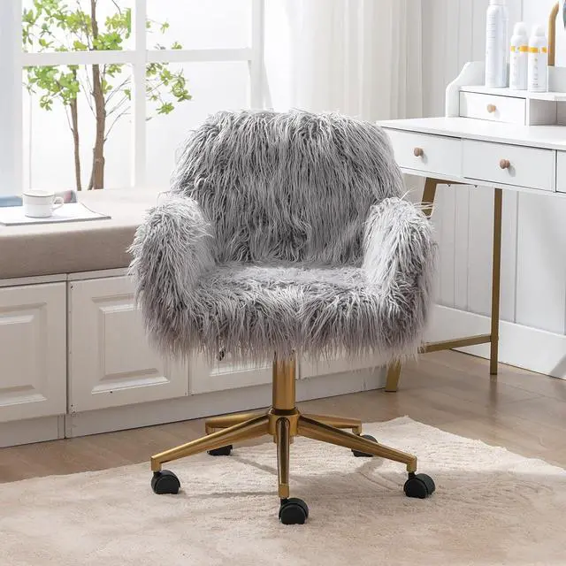 Main image of SSLine Faux Fur Vanity Chair Modern Grey Furry Makeup Desk Chairs for Girls Women Elegant Comfy Upholstered Arm Chair with Gold Base in Bedroom Living Room(Grey&Gold)
