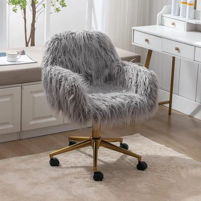 Alt view image 3 of 7 - SSLine Faux Fur Vanity Chair Modern Grey Furry Makeup Desk Chairs for Girls Women Elegant Comfy Upholstered Arm Chair with Gold Base in Bedroom Living Room(Grey&Gold)