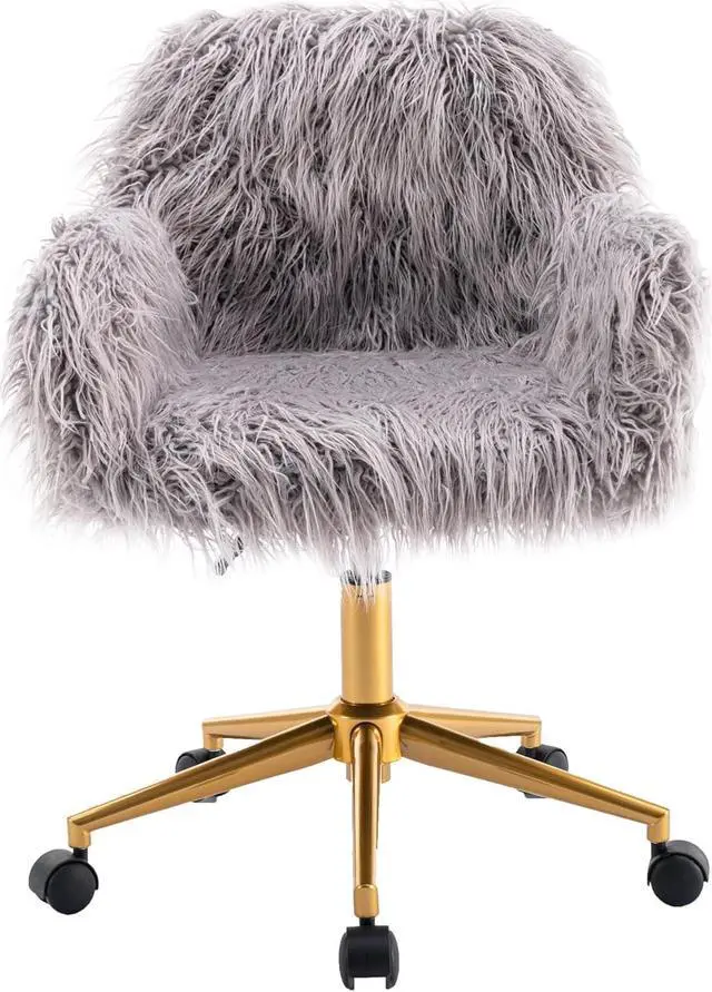 Alt view image 5 of 7 - SSLine Faux Fur Vanity Chair Modern Grey Furry Makeup Desk Chairs for Girls Women Elegant Comfy Upholstered Arm Chair with Gold Base in Bedroom Living Room(Grey&Gold)