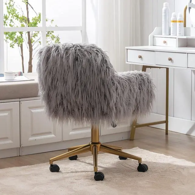 Alt view image 4 of 7 - SSLine Faux Fur Vanity Chair Modern Grey Furry Makeup Desk Chairs for Girls Women Elegant Comfy Upholstered Arm Chair with Gold Base in Bedroom Living Room(Grey&Gold)