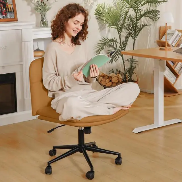 Alt view image 2 of 7 - FLEXISPOT Cross Legged Office Chair for Vanity Desk Criss Cross Chair with Wheels Armless Office Chair Vanity Chair Comfy Wide Seat Cushion PU Leather(Brown)