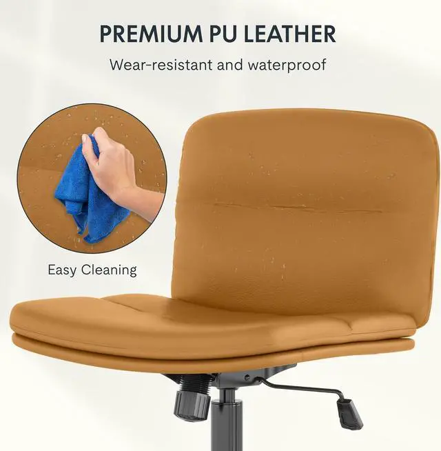 Alt view image 5 of 7 - FLEXISPOT Cross Legged Office Chair for Vanity Desk Criss Cross Chair with Wheels Armless Office Chair Vanity Chair Comfy Wide Seat Cushion PU Leather(Brown)