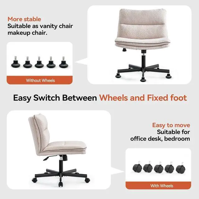 Alt view image 5 of 7 - EMIAH Armless Office Desk Chair with Wheels Faux Fur Vanity Mid-Back Ergonomic Home Computer Comfortable Adjustable Swivel Furry Task Chair with Thickened Cushion