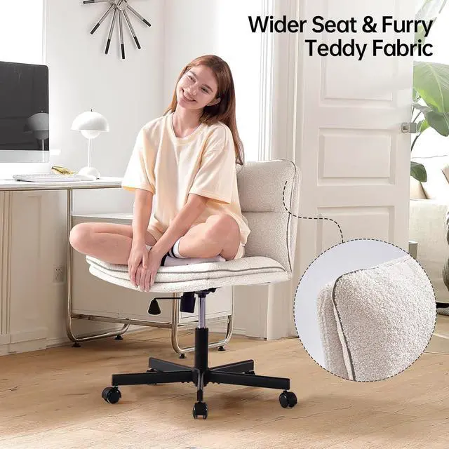 Alt view image 4 of 7 - EMIAH Armless Office Desk Chair with Wheels Faux Fur Vanity Mid-Back Ergonomic Home Computer Comfortable Adjustable Swivel Furry Task Chair with Thickened Cushion