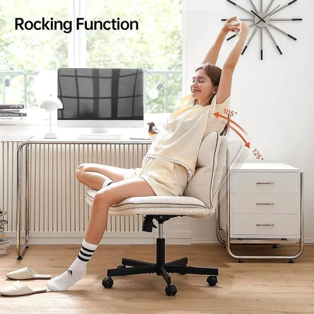 Alt view image 6 of 7 - EMIAH Armless Office Desk Chair with Wheels Faux Fur Vanity Mid-Back Ergonomic Home Computer Comfortable Adjustable Swivel Furry Task Chair with Thickened Cushion