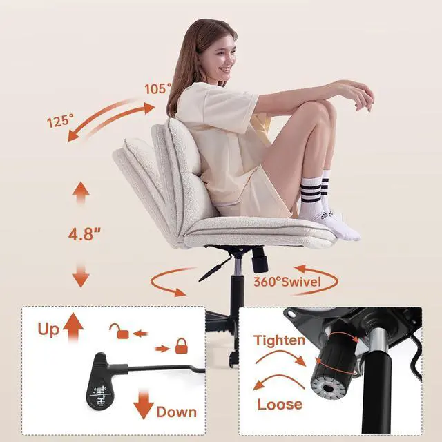 Alt view image 7 of 7 - EMIAH Armless Office Desk Chair with Wheels Faux Fur Vanity Mid-Back Ergonomic Home Computer Comfortable Adjustable Swivel Furry Task Chair with Thickened Cushion