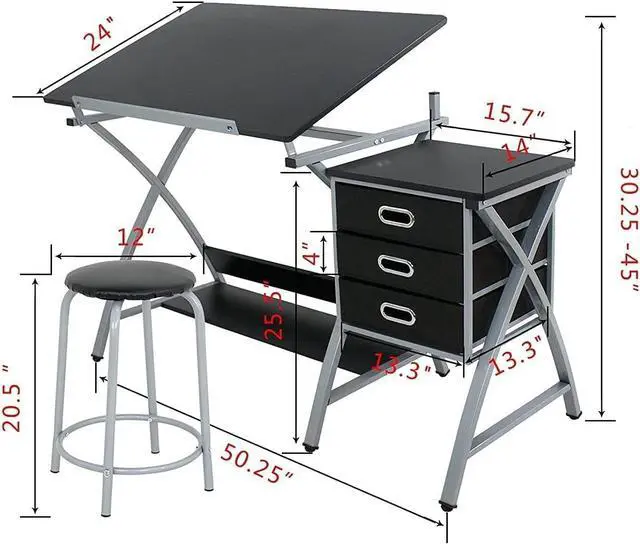 Alt view image 3 of 7 - Drafting Table with Tiltable Tabletop and Stool, 3 Storage Drawers, Art Desks for Adults, Painters, Work Station, Home Office, Black