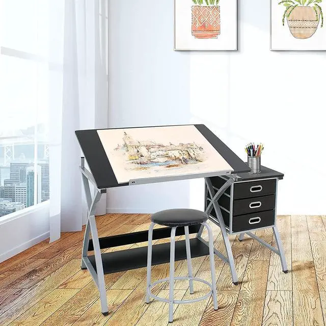 Alt view image 4 of 7 - Drafting Table with Tiltable Tabletop and Stool, 3 Storage Drawers, Art Desks for Adults, Painters, Work Station, Home Office, Black