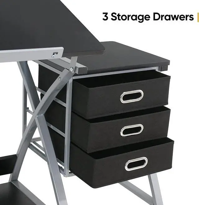 Alt view image 7 of 7 - Drafting Table with Tiltable Tabletop and Stool, 3 Storage Drawers, Art Desks for Adults, Painters, Work Station, Home Office, Black