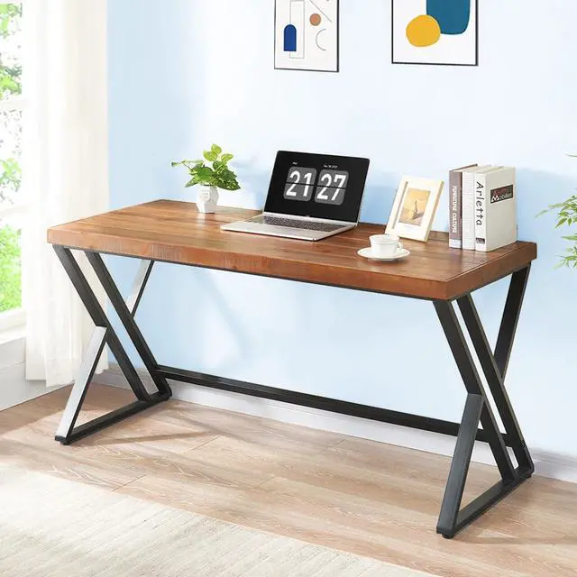 Main image of Real Wood Computer Desk, Modern Natural Wood Home Office Desk, Rustic Solid Wood Work Study Writing Desk, Farmhouse Workstation PC Gaming Executive Table for Bedroom, Brown, 47 inch