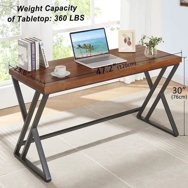 Alt view image 2 of 7 - Real Wood Computer Desk, Modern Natural Wood Home Office Desk, Rustic Solid Wood Work Study Writing Desk, Farmhouse Workstation PC Gaming Executive Table for Bedroom, Brown, 47 inch