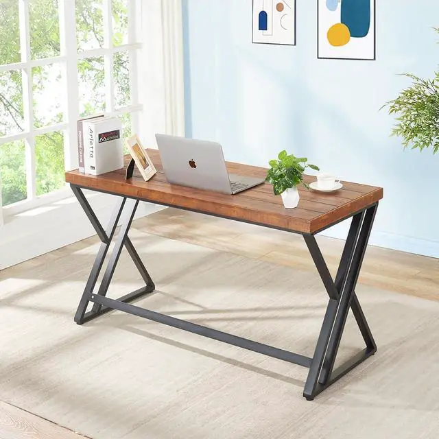 Alt view image 3 of 7 - Real Wood Computer Desk, Modern Natural Wood Home Office Desk, Rustic Solid Wood Work Study Writing Desk, Farmhouse Workstation PC Gaming Executive Table for Bedroom, Brown, 47 inch