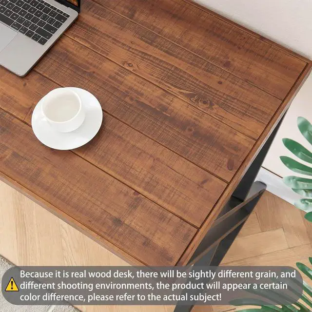 Alt view image 4 of 7 - Real Wood Computer Desk, Modern Natural Wood Home Office Desk, Rustic Solid Wood Work Study Writing Desk, Farmhouse Workstation PC Gaming Executive Table for Bedroom, Brown, 47 inch