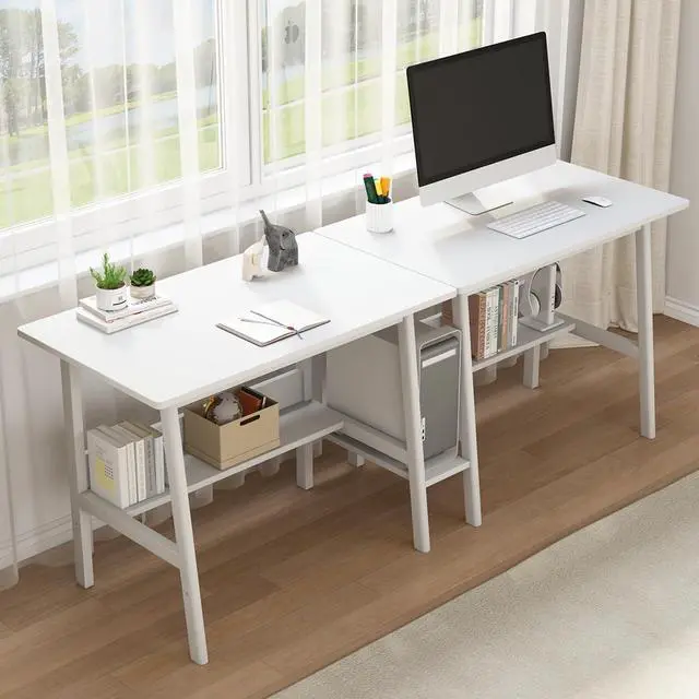 Main image of 2-Person Writing Desk with Bookshelf - 79" Wooden Extra Long Home Office Work Table, Double Study Computer Workstation with Storage Shelves in White, 79" W x 24" D