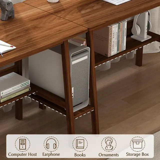 Alt view image 3 of 7 - 2-Person Writing Desk with Bookshelf - 79" Wooden Extra Long Home Office Work Table, Double Study Computer Workstation with Storage Shelves in White, 79" W x 24" D