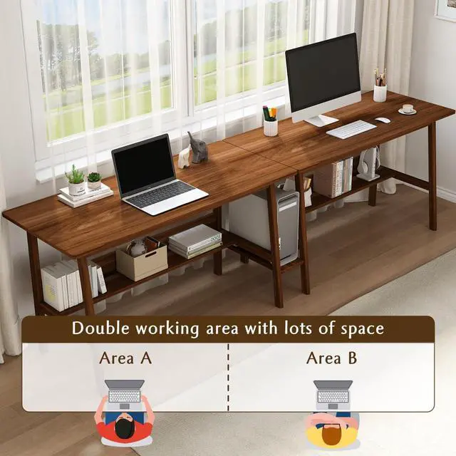 Alt view image 4 of 7 - 2-Person Writing Desk with Bookshelf - 79" Wooden Extra Long Home Office Work Table, Double Study Computer Workstation with Storage Shelves in White, 79" W x 24" D