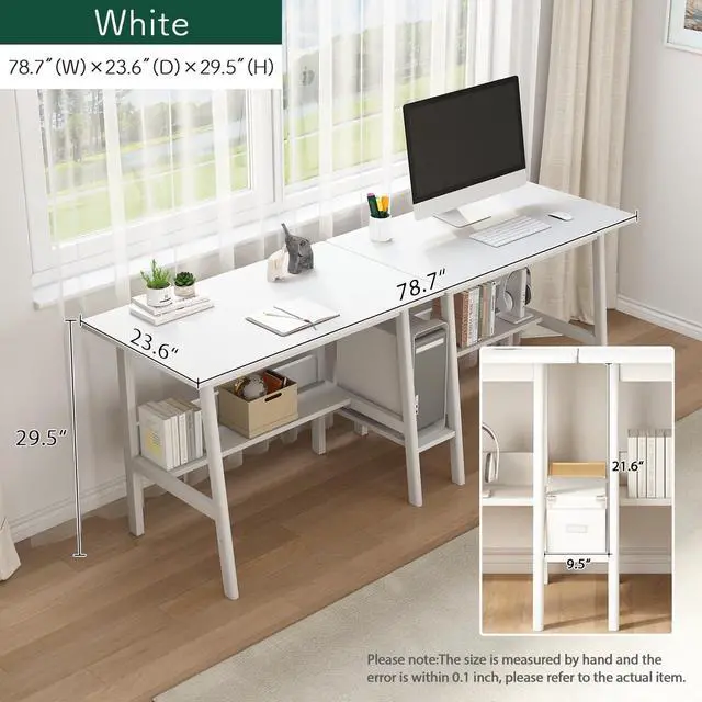 Alt view image 6 of 7 - 2-Person Writing Desk with Bookshelf - 79" Wooden Extra Long Home Office Work Table, Double Study Computer Workstation with Storage Shelves in White, 79" W x 24" D