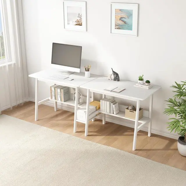 Alt view image 7 of 7 - 2-Person Writing Desk with Bookshelf - 79" Wooden Extra Long Home Office Work Table, Double Study Computer Workstation with Storage Shelves in White, 79" W x 24" D