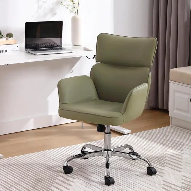 Alt view image 2 of 6 - Home Office Chair with Wheels, Adjustable Height Swivel Mid-Back Armchair Task Chair, Modern PU Leather Ergonomic Tilt Computer Desk Vanity Chair for Office, Study Room(PU Green)