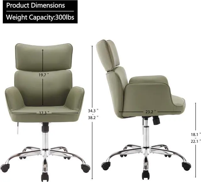 Alt view image 3 of 6 - Home Office Chair with Wheels, Adjustable Height Swivel Mid-Back Armchair Task Chair, Modern PU Leather Ergonomic Tilt Computer Desk Vanity Chair for Office, Study Room(PU Green)