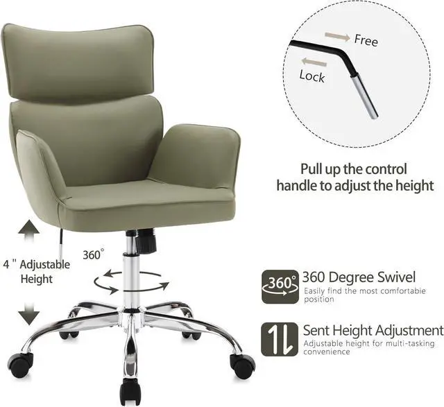 Alt view image 4 of 6 - Home Office Chair with Wheels, Adjustable Height Swivel Mid-Back Armchair Task Chair, Modern PU Leather Ergonomic Tilt Computer Desk Vanity Chair for Office, Study Room(PU Green)