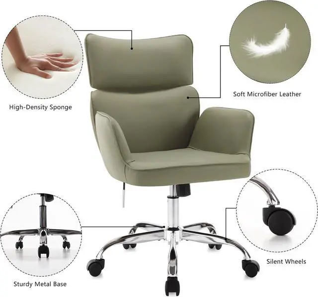 Alt view image 5 of 6 - Home Office Chair with Wheels, Adjustable Height Swivel Mid-Back Armchair Task Chair, Modern PU Leather Ergonomic Tilt Computer Desk Vanity Chair for Office, Study Room(PU Green)