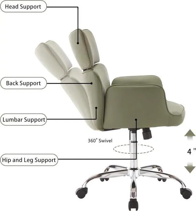 Alt view image 6 of 6 - Home Office Chair with Wheels, Adjustable Height Swivel Mid-Back Armchair Task Chair, Modern PU Leather Ergonomic Tilt Computer Desk Vanity Chair for Office, Study Room(PU Green)