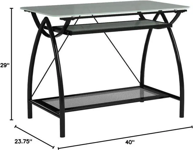 Alt view image 3 of 4 - OSP Designs OSP Designs Newport Computer Desk with Frosted Tempered Glass Top, Pullout Keyboard Tray, and Black Powder Coated Steel Frame