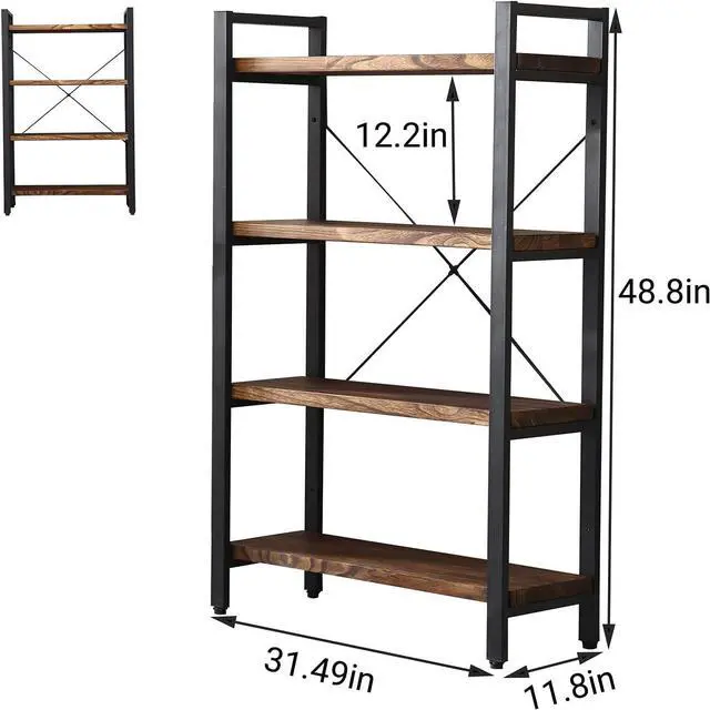 Alt view image 2 of 7 - Solid Wood Bookshelf, 4-Tier Rustic Vintage Industrial Etagere Bookcase, Open Metal & Wood Vintage Book Shelf, Retro Brown