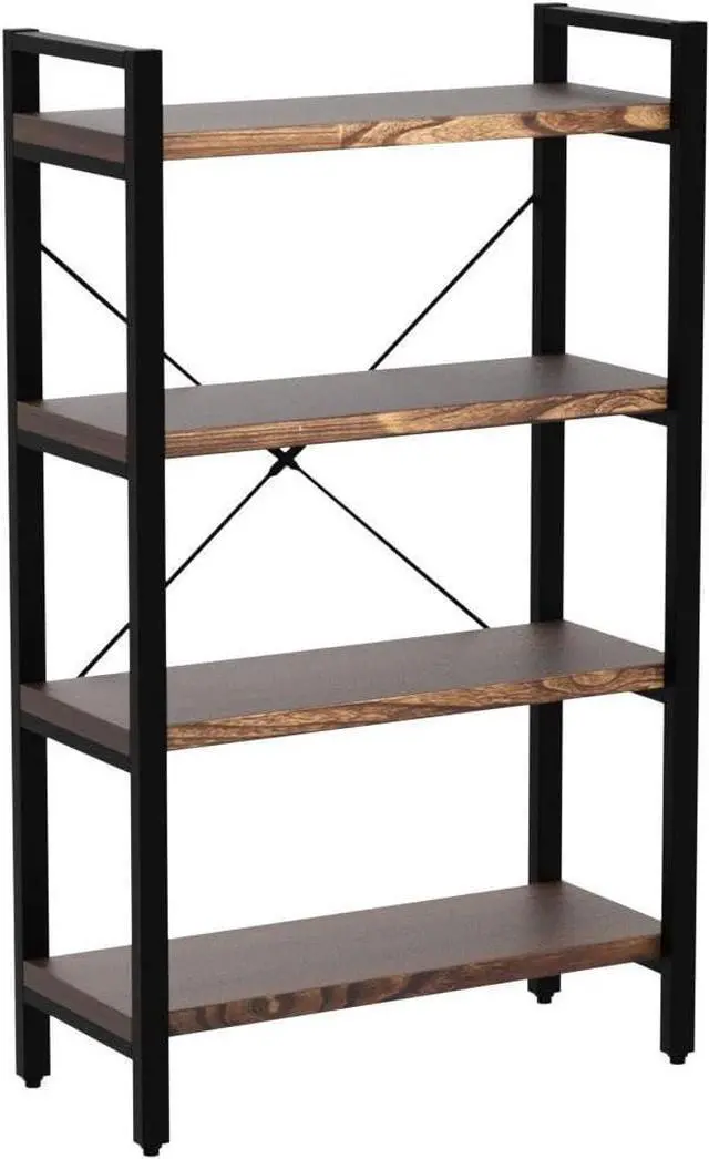 Alt view image 4 of 7 - Solid Wood Bookshelf, 4-Tier Rustic Vintage Industrial Etagere Bookcase, Open Metal & Wood Vintage Book Shelf, Retro Brown