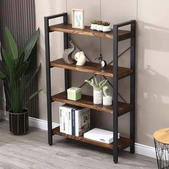 Alt view image 6 of 7 - Solid Wood Bookshelf, 4-Tier Rustic Vintage Industrial Etagere Bookcase, Open Metal & Wood Vintage Book Shelf, Retro Brown