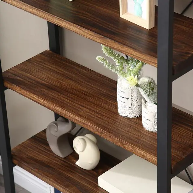 Alt view image 7 of 7 - Solid Wood Bookshelf, 4-Tier Rustic Vintage Industrial Etagere Bookcase, Open Metal & Wood Vintage Book Shelf, Retro Brown