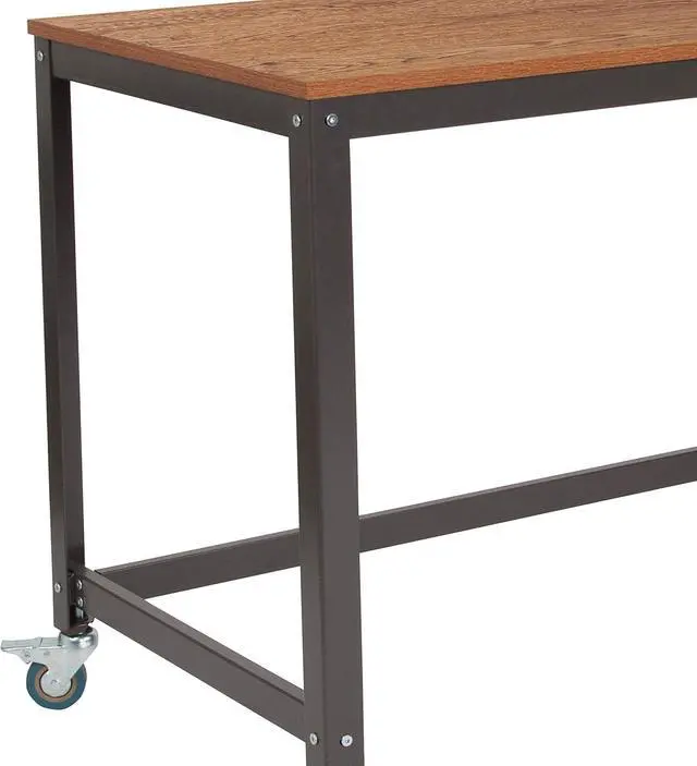 Alt view image 4 of 7 - Flash Furniture Livingston Collection Computer Table and Desk in Brown Oak Wood Grain Finish with Metal Wheels