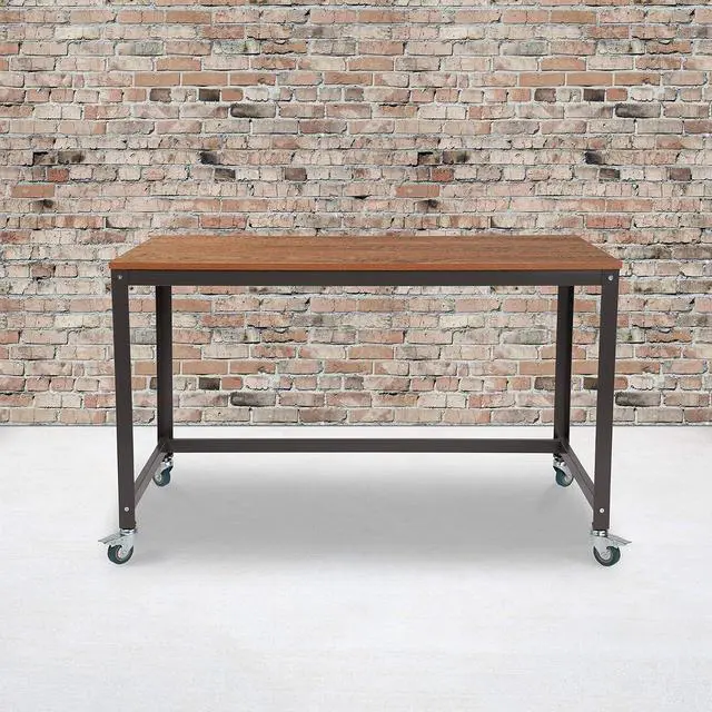 Main image of Flash Furniture Livingston Collection Computer Table and Desk in Brown Oak Wood Grain Finish with Metal Wheels