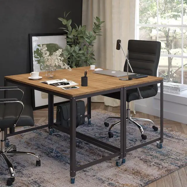 Alt view image 5 of 7 - Flash Furniture Livingston Collection Computer Table and Desk in Brown Oak Wood Grain Finish with Metal Wheels