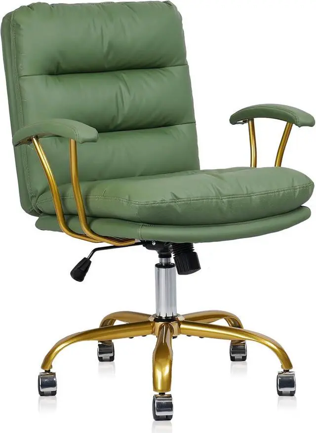 Main image of Green and Gold Desk Chair Leather Home Office Chair with Padded Seat and Arms, Swivel Adjustable Height Computer Chair with Wheels for Living Room Girls Women Study Vanity