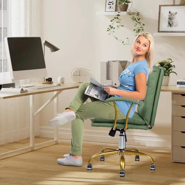 Alt view image 2 of 7 - Green and Gold Desk Chair Leather Home Office Chair with Padded Seat and Arms, Swivel Adjustable Height Computer Chair with Wheels for Living Room Girls Women Study Vanity