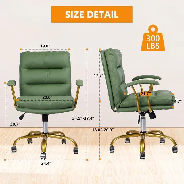 Alt view image 3 of 7 - Green and Gold Desk Chair Leather Home Office Chair with Padded Seat and Arms, Swivel Adjustable Height Computer Chair with Wheels for Living Room Girls Women Study Vanity