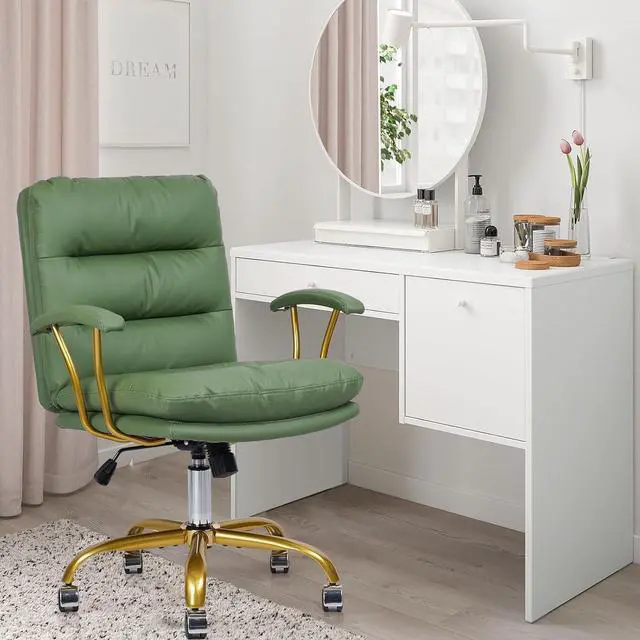Alt view image 4 of 7 - Green and Gold Desk Chair Leather Home Office Chair with Padded Seat and Arms, Swivel Adjustable Height Computer Chair with Wheels for Living Room Girls Women Study Vanity